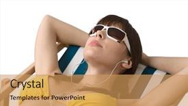  Presentation with ear - Presentation theme featuring beach - woman with ear buds and sunglasses relax in bikini listen to music background and a yellow colored foreground