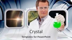  Presentation with structure design - Audience pleasing PPT theme consisting of beaker against abstract blue cloud backdrop and a white colored foreground