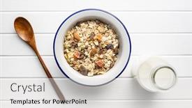  Presentation with nuts milk - Slide deck having beakfast-cereals-in-bowl background and a light gray colored foreground