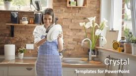  Presentation with room - Presentation consisting of beaming-woman-fills-the-room background and a  colored foreground