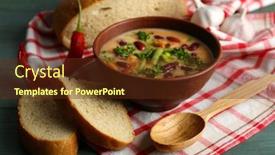  Presentation with table napkin - PPT layouts enhanced with bean soup in bowl with fresh sliced bread on napkin on wooden table background background and a tawny brown colored foreground