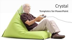  Presentation with video games playing - Cool new slides with beanbag isolated on white background backdrop and a white colored foreground