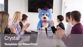  Presentation with teddy bear - Colorful presentation design enhanced with bear having fun with bussin backdrop and a gray colored foreground