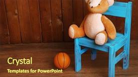  Presentation with wooden toy - PPT theme with bear toy on chair on wooden background background and a tawny brown colored foreground