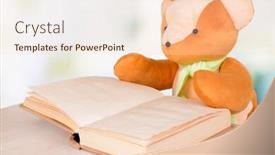  Presentation with light book - Audience pleasing PPT layouts consisting of bear toy with book on light background backdrop and a lemonade colored foreground