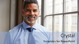  Presentation with aged - Colorful PPT theme enhanced with beard - middle aged black businessman smiling backdrop and a light blue colored foreground