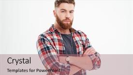  Presentation with camera - Presentation theme enhanced with beard - serious man with arms folded background and a coral colored foreground