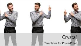  Presentation with fixing his black bow tie - Colorful slide set enhanced with beard and bow tie pointing backdrop and a light gray colored foreground