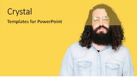  Presentation with special education young adult man - Slide deck having beard wearing glasses puffing cheeks background and a  colored foreground