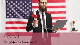  Presentation with diploma - Presentation theme featuring bearded-american-man background and a violet colored foreground