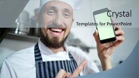  Presentation with rideshare taxi app on smartphone - Theme having bearded baker pointing at smartphone background and a  colored foreground