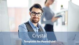  Presentation with monitor computer - Presentation design consisting of bearded-businessman-in-eyeglasses-sitting background and a teal colored foreground