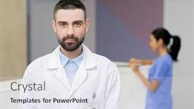  Presentation with camera - Theme enhanced with bearded-clinician-in-whitecoat-looking background and a sky blue colored foreground