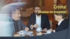  Presentation with fragrant - Presentation theme featuring bearded colleagues in suits enjoying fragrant cappuccino in lovely coffeehouse while having project discussion view through panoramic window background and a tawny brown colored foreground