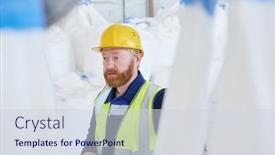  Presentation with worker - Presentation design having bearded-male-worker-in-uniform background and a  colored foreground