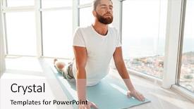  Presentation with mother doing yoga kids - Audience pleasing PPT layouts consisting of bearded man doing yoga exercise backdrop and a light gray colored foreground