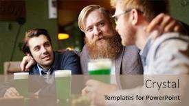  Presentation with pub - Cool new presentation theme with bearded man embracing his two friends during talk by glass of beer at leisure in pub backdrop and a coral colored foreground