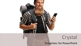  Presentation with man holding phone - Colorful slides enhanced with bearded-man-hiker-holding backdrop and a light gray colored foreground