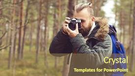 Presentation with camp - Theme with bearded man hiking in swamps and taking pictures of autumn forest camp adventure trip and fishing concept background and a coral colored foreground