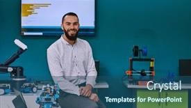  Presentation with laboratory equipment - PPT theme having bearded-man-in-a-modern background and a ocean colored foreground