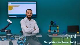  Presentation with laboratory equipment - Presentation design having bearded-man-in-a-modern background and a ocean colored foreground