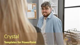  Presentation with glasses - PPT layouts having bearded-man-in-glasses-smiles and a coral colored foreground