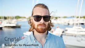  Presentation with denim - Theme having bearded-man-in-sunglasses background and a light blue colored foreground