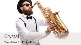  Presentation with vernier caliper bearing isolated - Cool new PPT theme with bearded man playing a saxophone backdrop and a light gray colored foreground