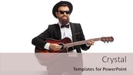  Presentation with music man in suit guitar - Presentation design with bearded-man-with-an-acoustic background and a soft green colored foreground