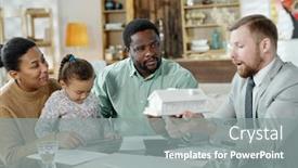  Presentation with real estate purchase - PPT theme consisting of bearded-man-with-mockup-house background and a gray colored foreground