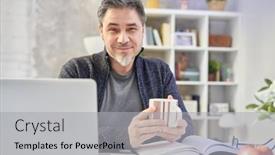  Presentation with office room - Cool new PPT theme with bearded-man-working-online backdrop and a light gray colored foreground