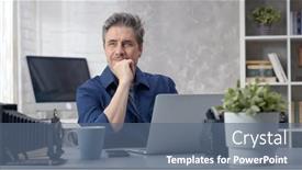  Presentation with home office - PPT layouts having bearded-man-working-online background and a ocean colored foreground