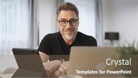  Presentation with home office - PPT theme consisting of bearded-man-working-online background and a coral colored foreground