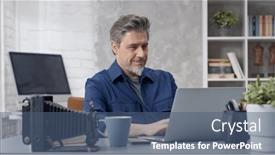  Presentation with home office - Presentation theme consisting of bearded-man-working-online background and a  colored foreground