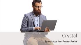  Presentation with laptop - Amazing slide deck having bearded-man backdrop and a light gray colored foreground