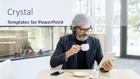  Presentation with cup coffee - Presentation theme enhanced with bearded-mature-economist-or-banker background and a  colored foreground