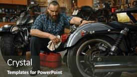  Presentation with motorcycle - Presentation theme having bearded-mature-man-biker-cleaning background and a dark gray colored foreground