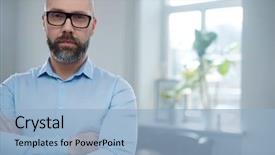  Presentation with elegant man in glasses optics - Colorful slide set enhanced with bearded middle-aged man wearing backdrop and a light blue colored foreground