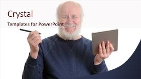  Presentation with uae old man - Theme with bearded old man using tablet background and a sky blue colored foreground