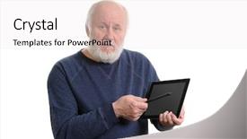  Presentation with uae old man - PPT layouts featuring bearded old man using tablet background and a white colored foreground