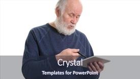  Presentation with old man and music - Colorful PPT theme enhanced with bearded old man using tablet backdrop and a wine colored foreground