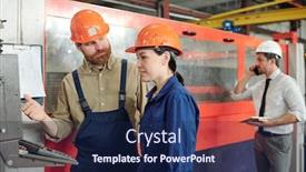  Presentation with machine operator - Presentation design enhanced with bearded-operator-in-hardhat-teaching background and a navy blue colored foreground