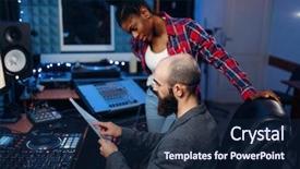  Presentation with recording studio - PPT layouts featuring bearded sound engineer in audio background and a navy blue colored foreground