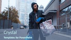  Presentation with city street - Slide deck consisting of bearded-tramp-man-with-bag background and a ocean colored foreground