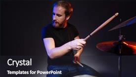  Presentation with drums - Amazing presentation having bearded young man drummer with closed eyes sitting and playing drums over dark background backdrop and a dark gray colored foreground