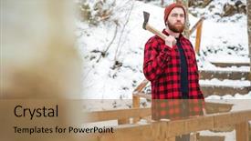  Presentation with winter forest - Slide set featuring bearded young man holding axe background and a coral colored foreground