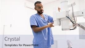  Presentation with medical equipment - Cool new presentation design with bearded young mixed-race man in blue uniform using new medical equipment in clinics while serving one of patients backdrop and a teal colored foreground