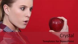  Presentation with apple - Slide set featuring bearing fruits - shocked woman holding apple background and a  colored foreground