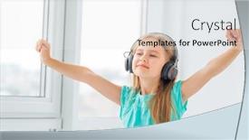  Presentation with music headphones - Amazing PPT theme having beatiful-little-girl-amuzed-listening backdrop and a sky blue colored foreground