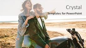  Presentation with motorbike - PPT layouts enhanced with beatiful-yong-couple-wearing-jackets background and a light gray colored foreground